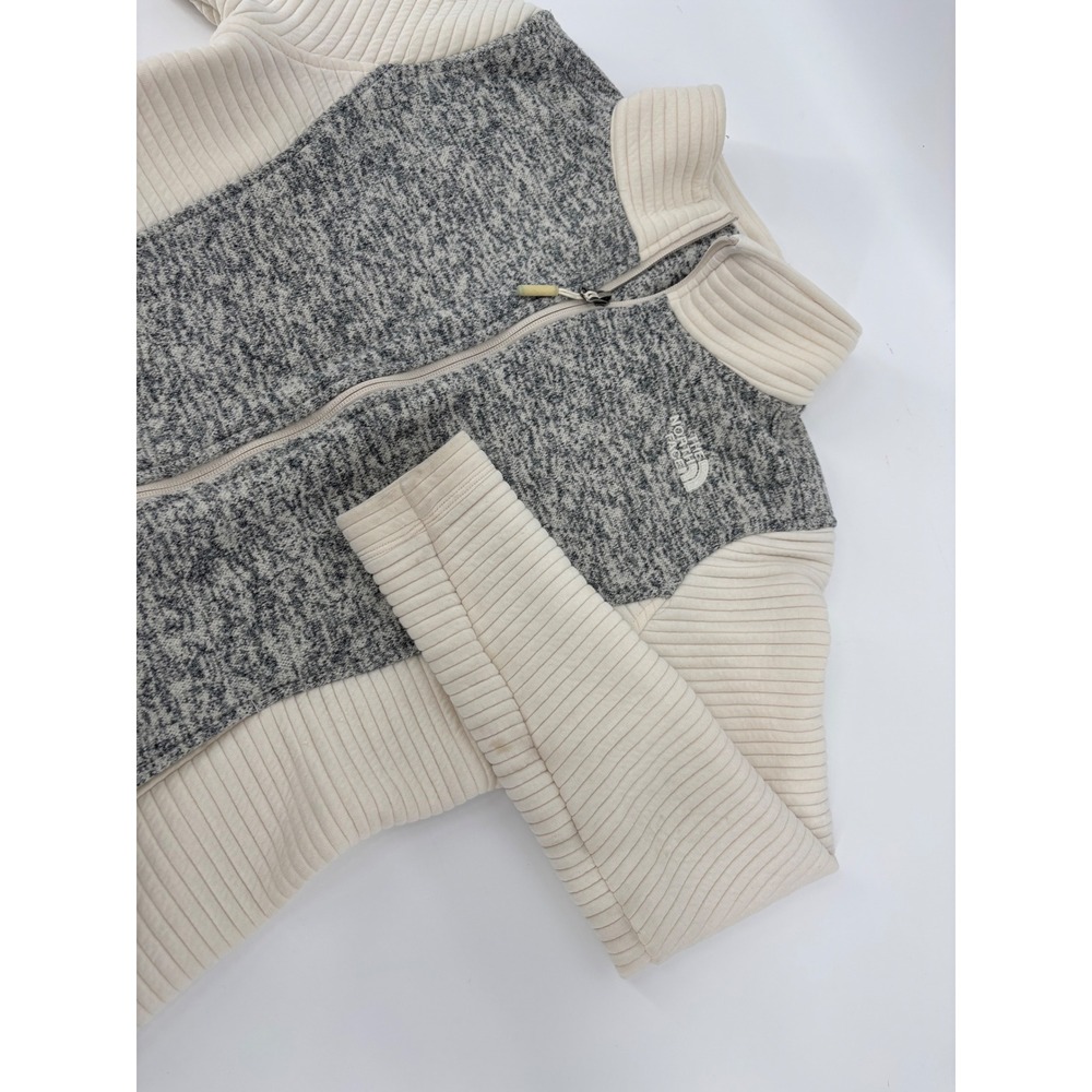 The North Face Womens Grey Marl Cream Ribbed Full Zip Fleece Jacket Size Medium